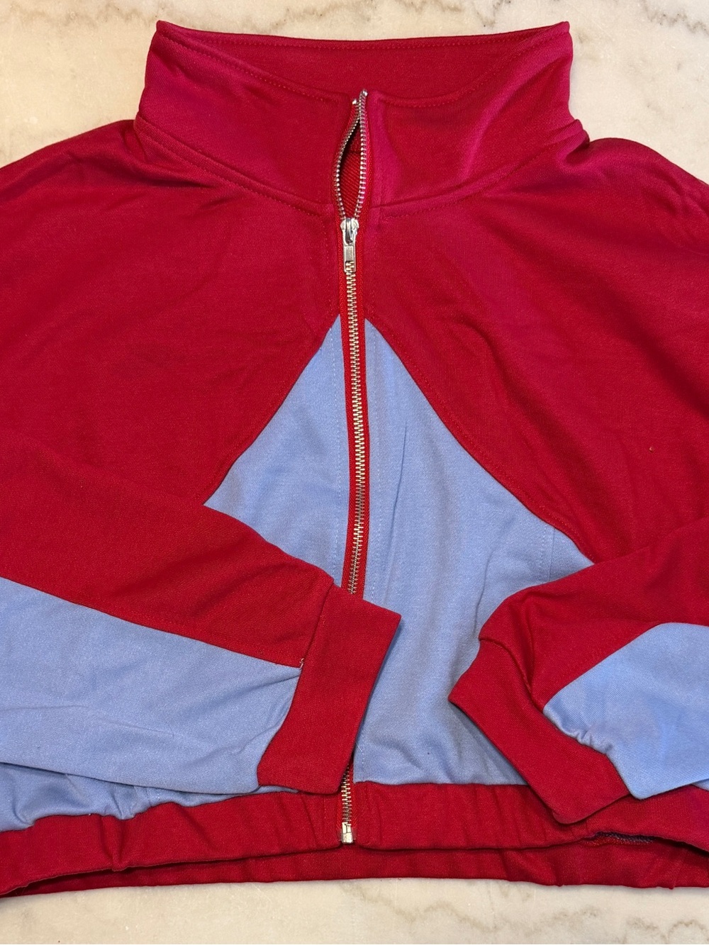 Kids Two-Tone Red and Light Blue Zip Puffer Jacket